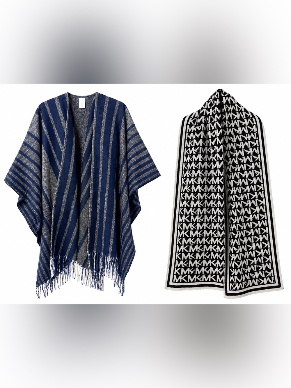 Woolrich Navy & Gray Shall-Cape & MK Black & White Logo Scarf